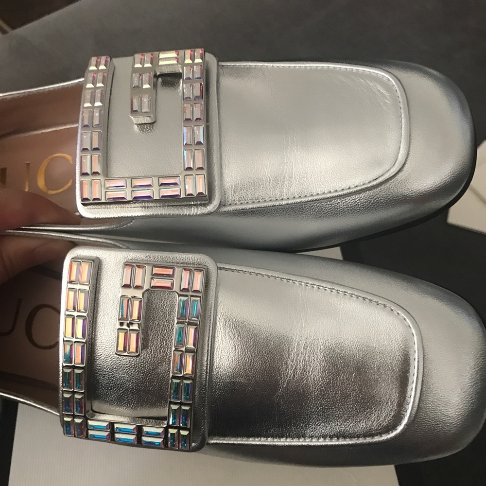 NIB Gucci Metallic Crystal Square G Loafers 38 - Picture 9 of 16